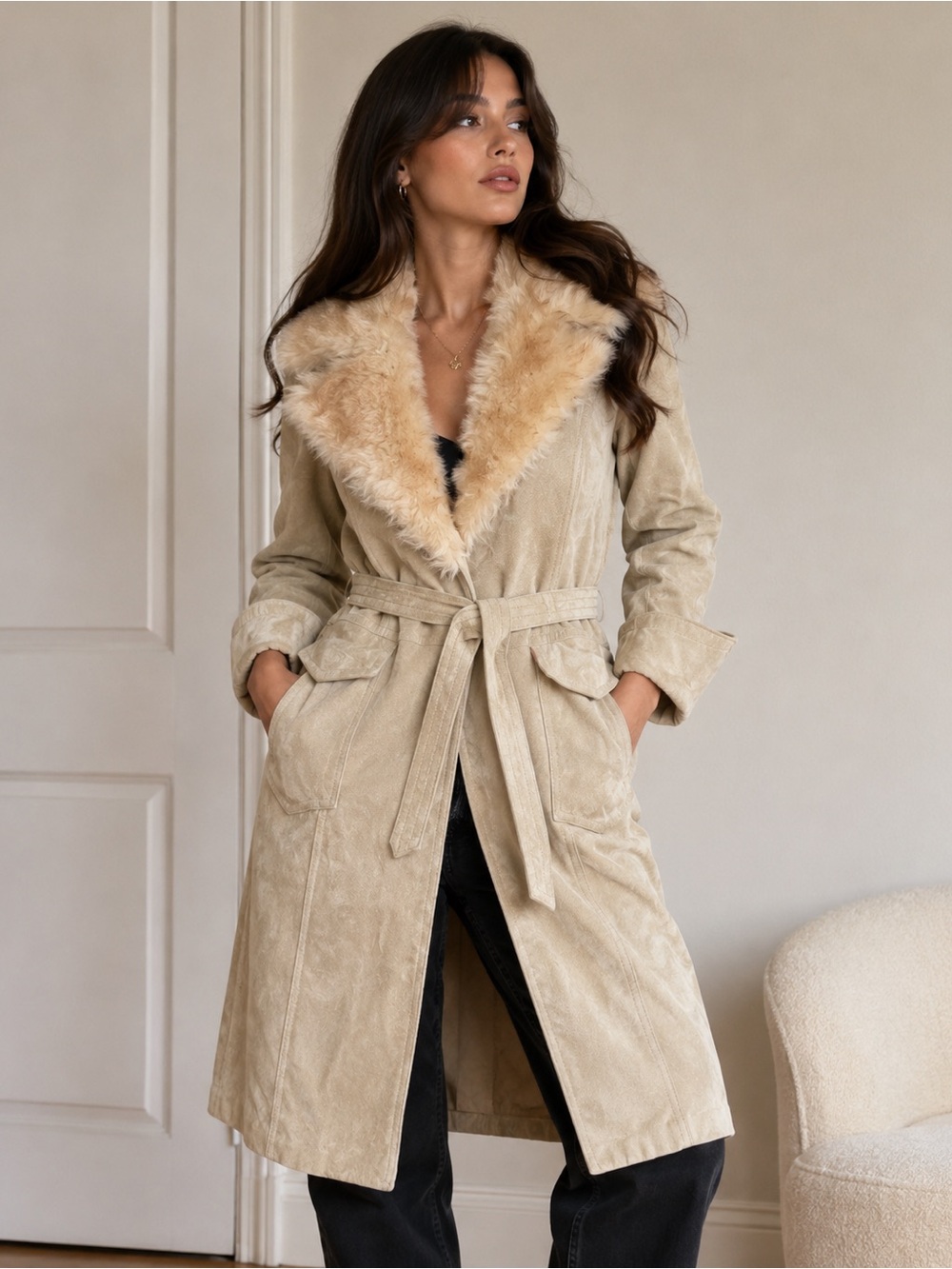Vintage Penny Lane Suede Fur Collar Belted Coat Boho 70s Size 10